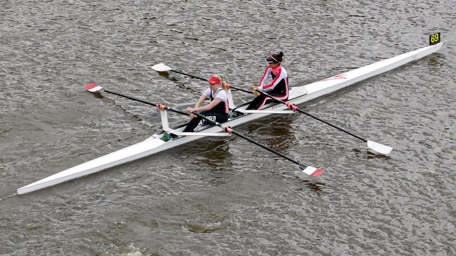 About me - Two women rowing a double scull boat 