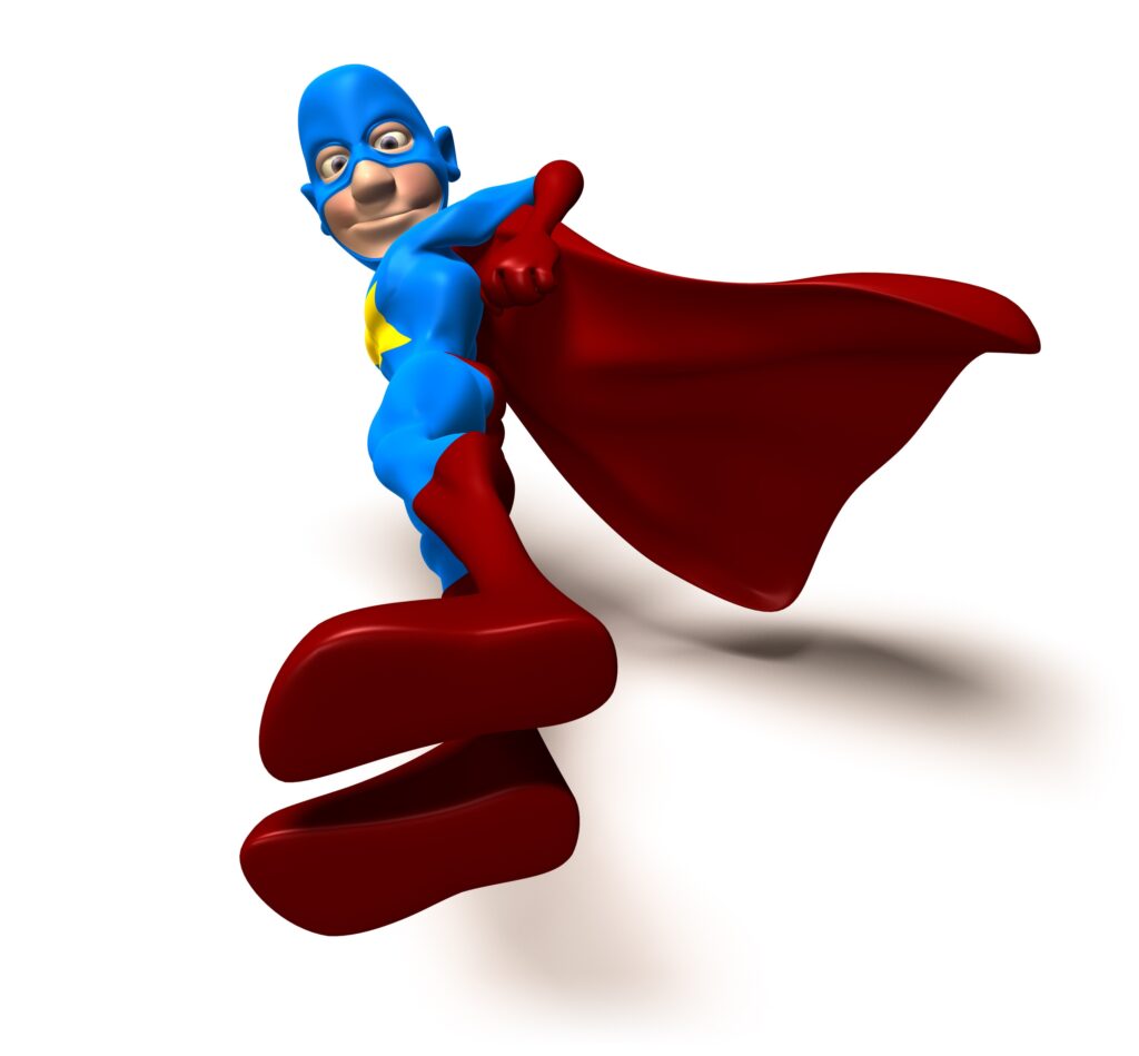 Person in a super hero costume with red cape